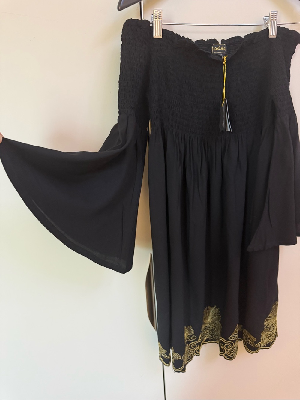 NWT Kahulalea Aulia Off Shoulder Black Gold Embroidered Dress M - Picture 2 of 7
